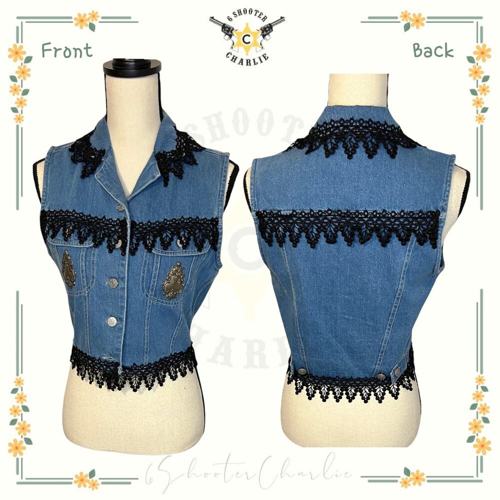 Taylor G. Dallas Blue Denim Vest Women's Size Medium Lace and Badges